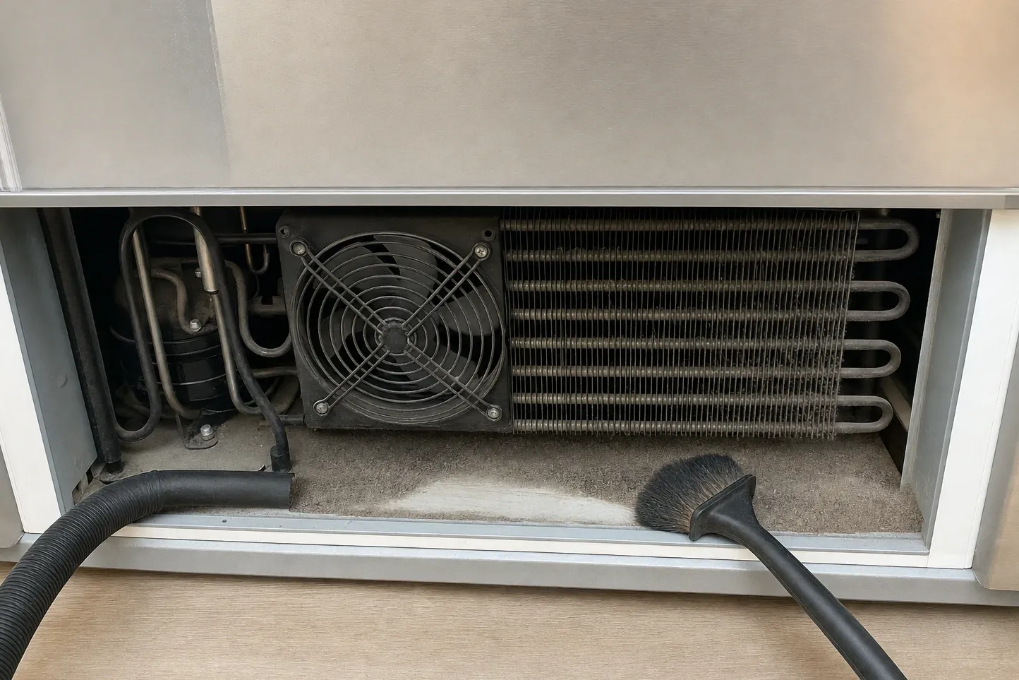 Lower grille removed on a built-in refrigerator, condenser coil, fan and compressor exposed, vacuum hose alongside