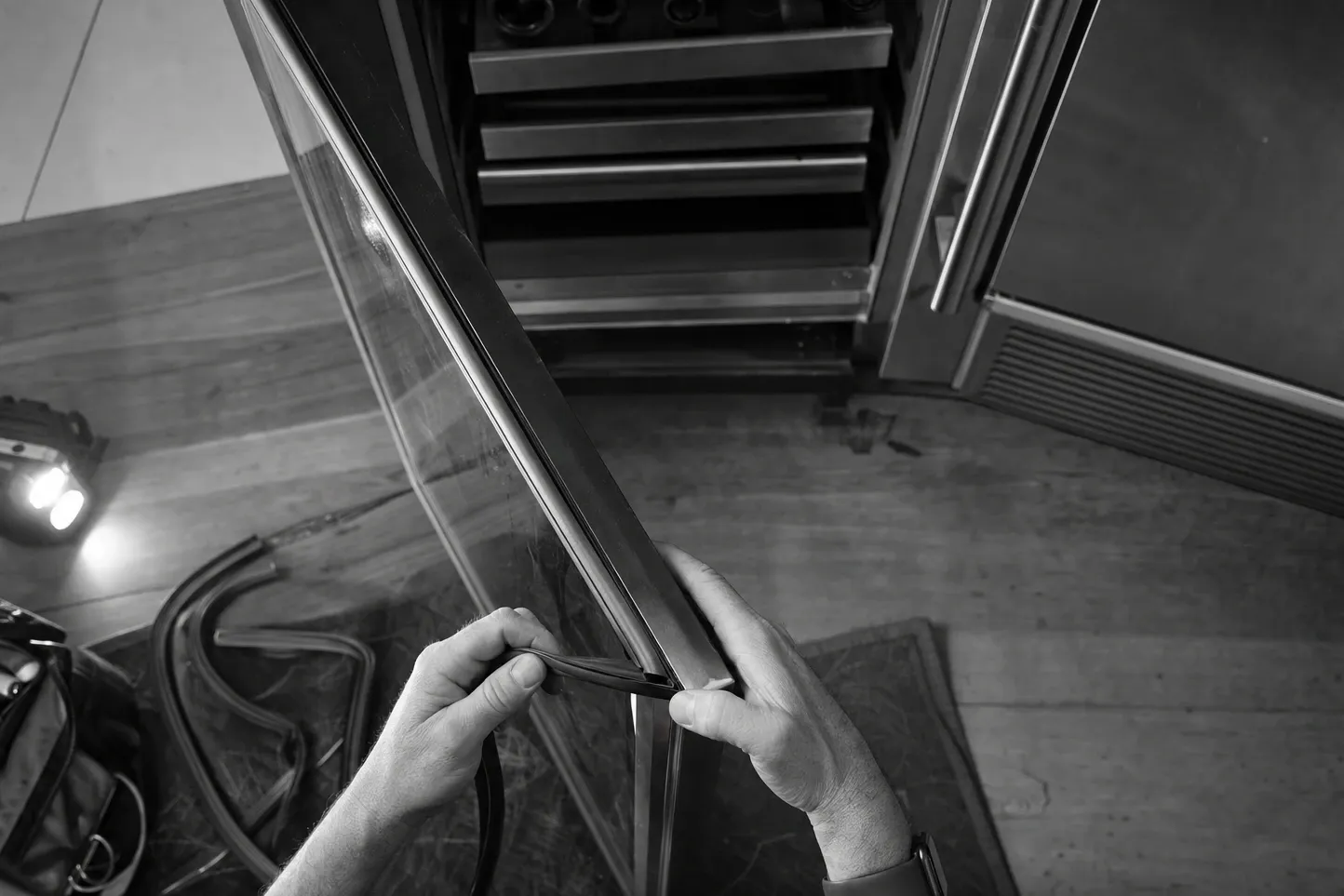 Black-and-white frame of hands easing a seal onto the glass door of an undercounter cabinet
