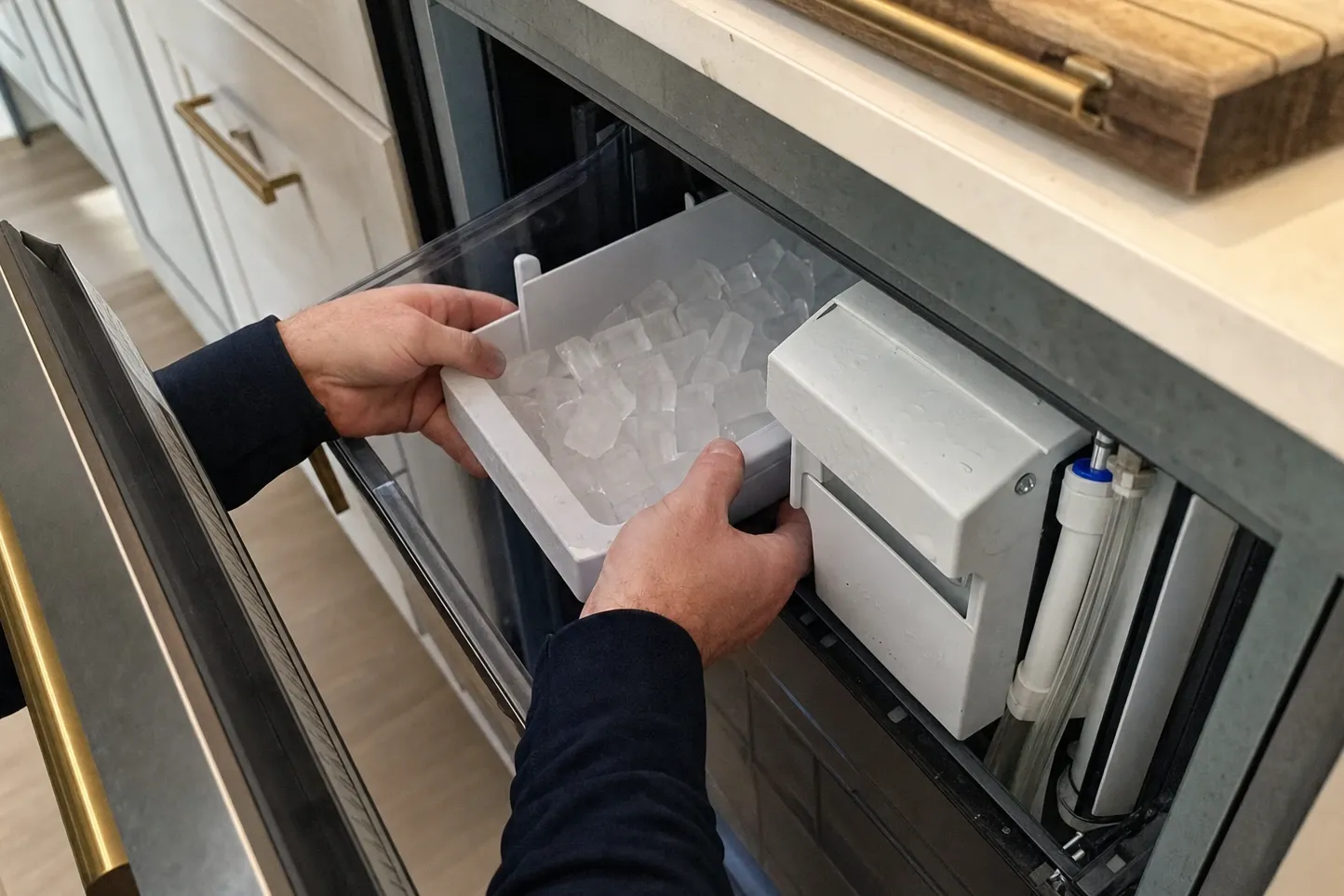 Hands lifting a clear ice bin full of cubes out of an undercounter ice maker drawer, water filter behind